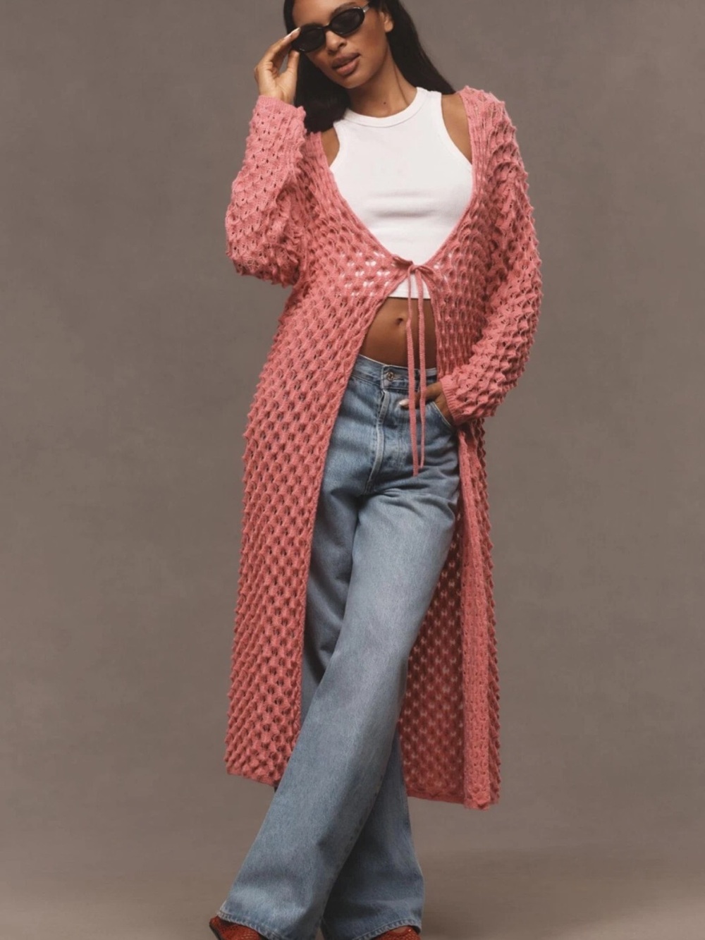 Maeve Rose Pink Open-Knit Long Tie-Front Cardigan
